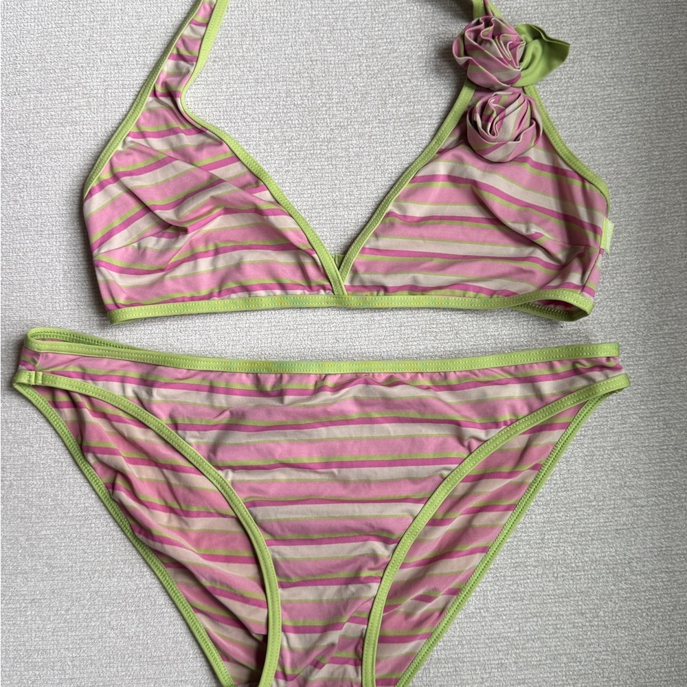 Moschino Pink and Green Striped Swimwear